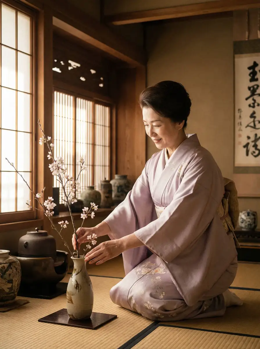 一位优雅的 51彩娱乐 平台 在和室中插花
